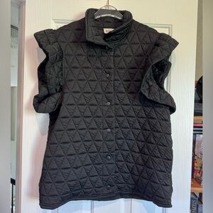 NWT BiBi Black Quilted Vest, Ruffle Cap Sleeves, Snap Button - Large - L